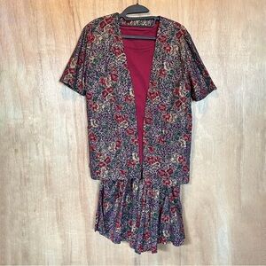 Vintage Purple Floral Gold Metallic 3 Piece Cotton Shorts Set w/ Tank, Jacket S?